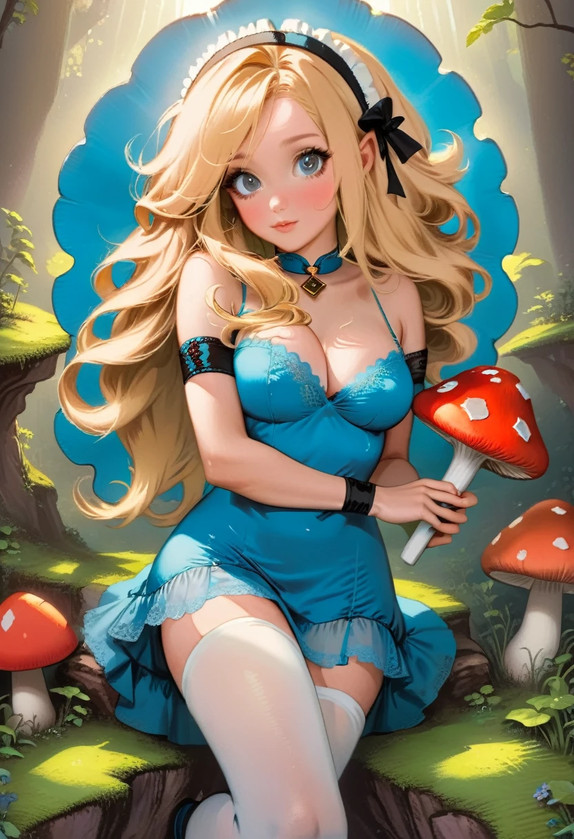 a beautiful 20 year old blonde woman with big messy hair in a blue dress, white stockings, black headband, cleavage, holding a glowing mushroom, fantasy art style, rossdraws cartoon vibrant, alice x. zhang, alice in wonderland cyberpunk, cute detailed digital art, colorfull digital fantasy art, digital fantasy art ), glossy digital painting, rossdraws pastel vibrant, rossdraws 2. 5, rossdraws 1. 0