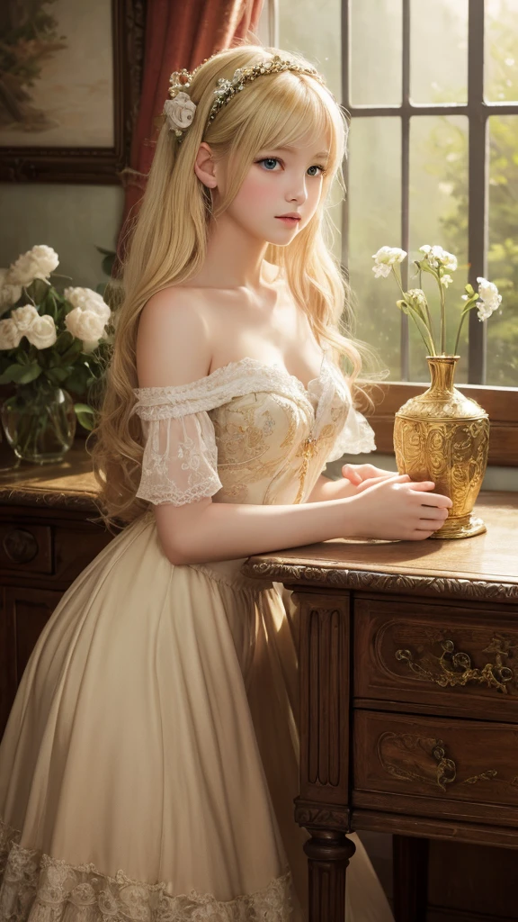 table top, highest quality, very delicate and beautiful girl,very delicate and beautiful, world masterpiece theater, super detailed, very detailed, highest quality, blonde hair, High resolution, very detailed,1 girl, highest quality, figure, looking at the viewer, material, canvas, oil, genuineistic, realist ,genuine,