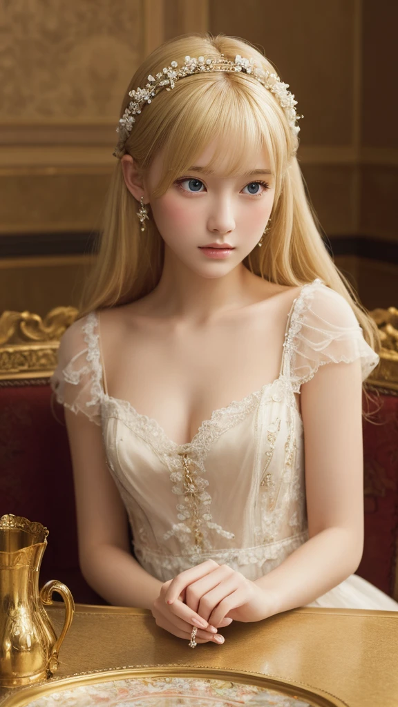 table top, highest quality, very delicate and beautiful girl,very delicate and beautiful, world masterpiece theater, super detailed, very detailed, highest quality, blonde hair, High resolution, very detailed,1 girl, highest quality, figure, looking at the viewer, material, canvas, oil, genuineistic, realist ,genuine,