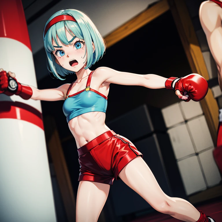 Cute slim high school girl, boxing gym, being hit in the stomach, expression of pain, gritting my teeth to hold on, only a few muscle tendons visible, short light blue hair, small breasts, Sleeveless, Short shorts,blue eyes