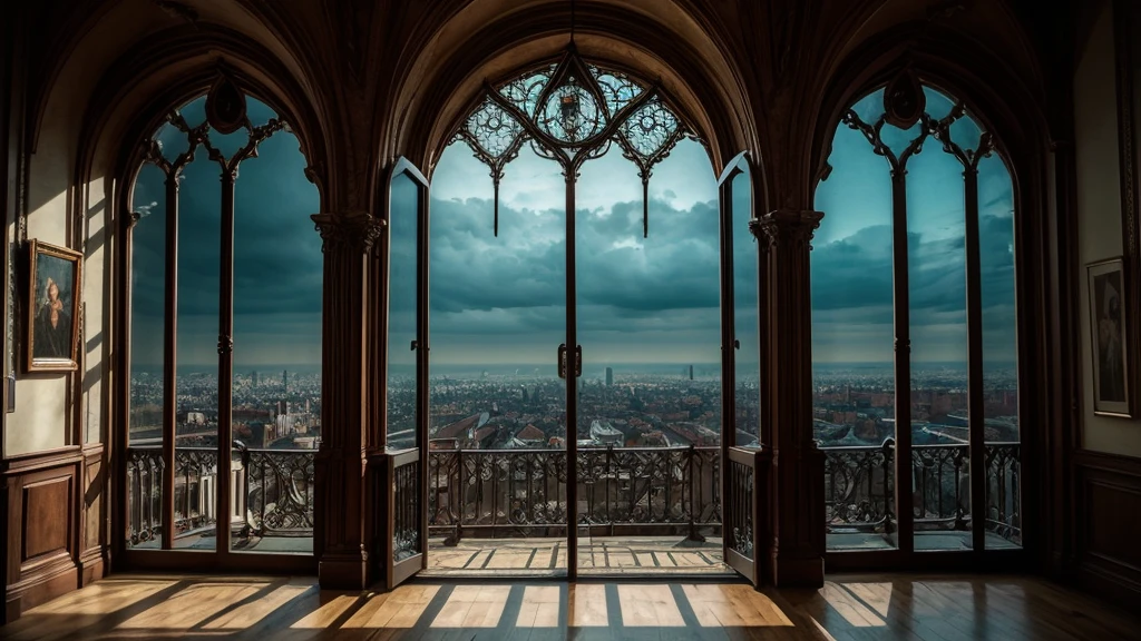 art gallery, gothic horror, dark, a full window that sees the city below, best quality