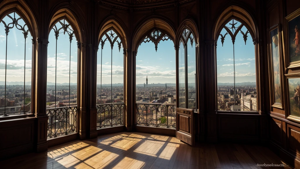 art gallery, gothic horror, dark, a full window that sees the city below, best quality
