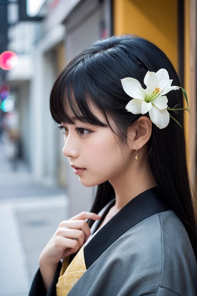 1girl, black hair, gradient hair, side view, wallpaper,kimono