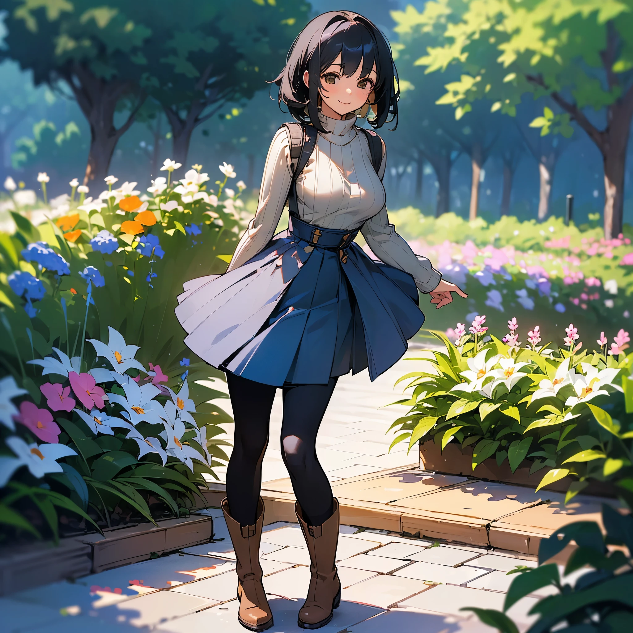 (high quality, High resolution, Very detailed, reality:1.37), Peaceful atmosphere, (Outdoor, garden), Teenage girl standing alone, (my breasts are big.), Beautiful details, Cute Smile, (Black bob hair), Ribbed sweater, Blue Skirt, Black tights, Brown boots.