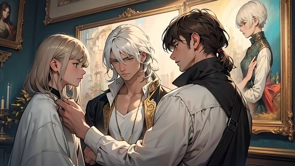 ((best quality)), ((work of art)), ((detailed)), young man with short white hair, in profile, staring at woman with long brown hair and bangs, staring back