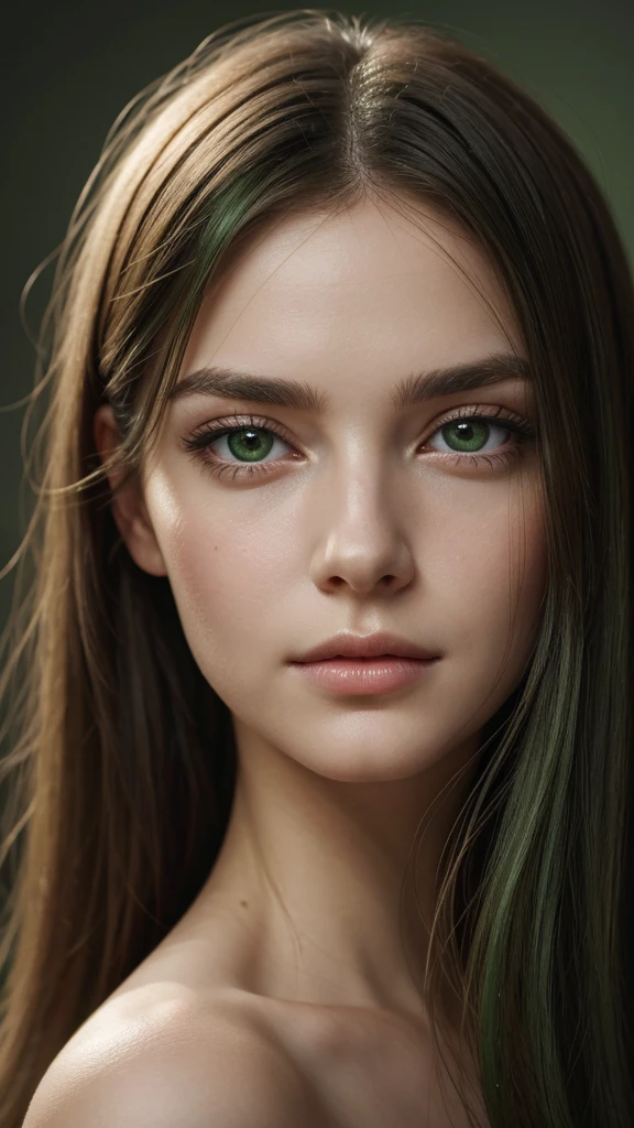 portrait, a European woman, highly detailed facial features, Captivating eyes, oval face, her hair is entirely green, Her face is very charming, wistful charm, flawless complexion, sharp chin