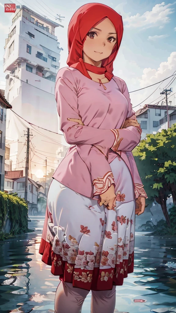 Mature malay woman, sexy seducing pose, sunrise beach, morning view, wearing hijab, pastel color hijab, red pastel dress, small breast, flat chest, wide waist, thick thighs, bright lighting, high quality, detail face, 4k, ray lighting,