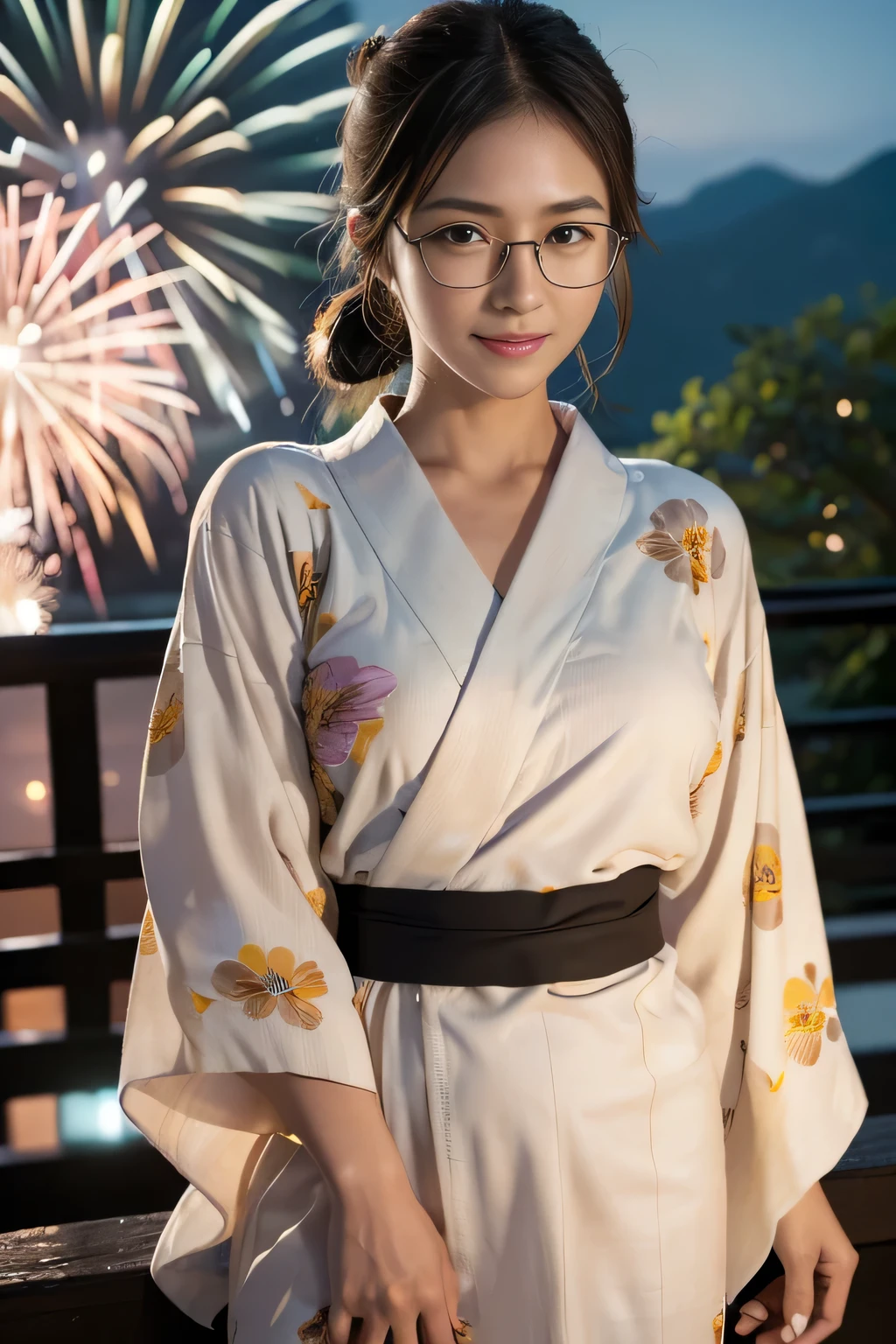 masterpiece, best quality, ultra quality, high quality, realistic, photo realistic, warm lighting,natural lighting,cinematic lighting,RAW photo, hyper detailed, intricate detailed, perfect anatomy, Fujifilm XT3,(cowboy shot),1 woman, Japanese beautiful woman,babyface,(brown very short twintail hair over one eye),
(wearing flower pattern yukata,obi:1.4),(medium breasts:1.2),(slender body:1.2),sweaty, tan skin,sunburn tanline,smile,black eyes,(park),(night),((fireworks)),looking at viewer,(park),(night),((fireworks)), (standing,(Glasses:1.3),(from head to knee shot),
