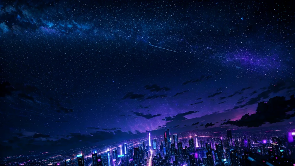 Starry sky with constellations, Purple hue like a nebula, Vast space, Cyberpunk City at the Bottom,