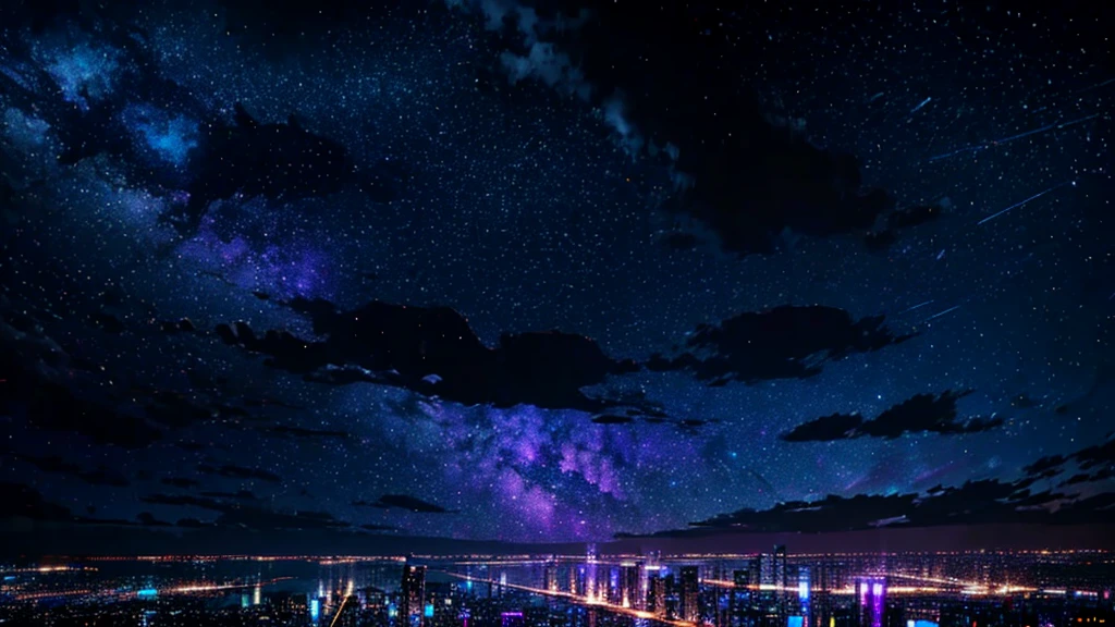 Starry sky with constellations, Purple hue like a nebula, Vast space, Cyberpunk City at the Bottom,
