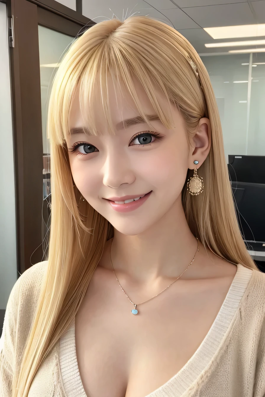 blonde、Clear Beauty、hairstyle semi long、ear piercing、（Slanted Eyes）、Necklace around the neck、Put a cardigan over your shoulders、blouse、smile、Beautiful teeth alignment、Intricate details, Very detailed:1.2), 、 Looking into the camera、The background is the office