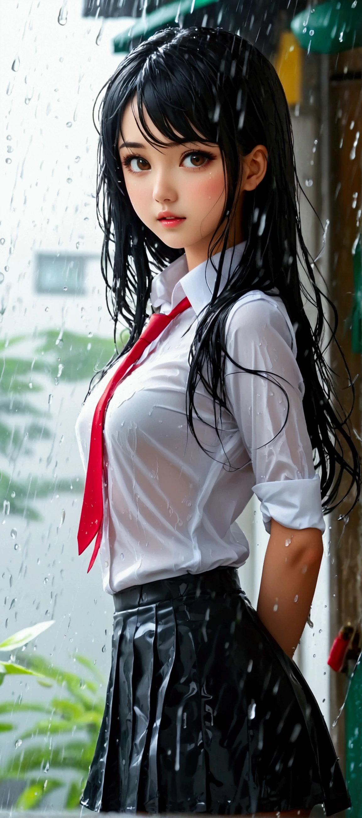 ((Nipples visible through a wet white shirt))、No underwear、Full body view、Long straight black hair、high school student、uniform、sexy、No bra、mini skirt、Japanese、************、