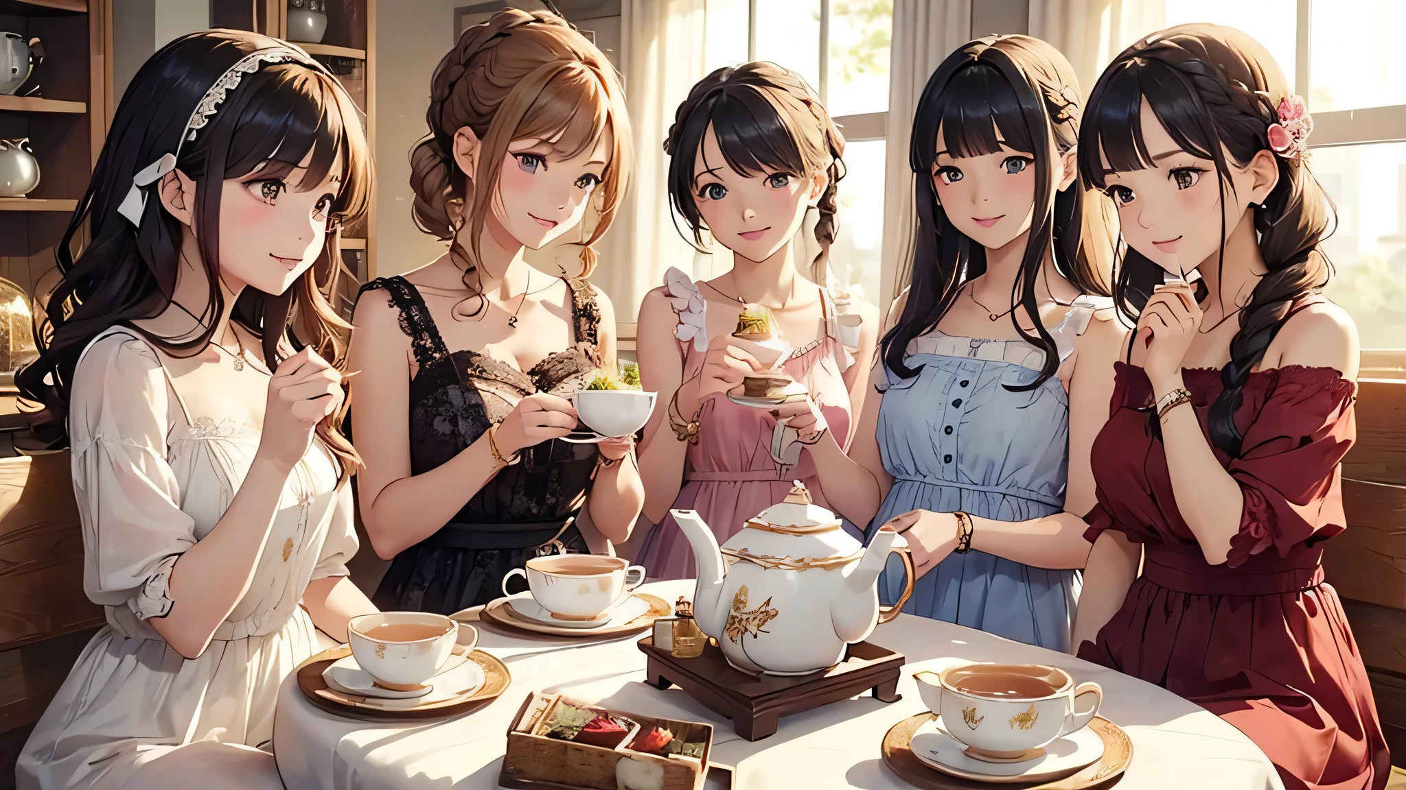 Highest quality、High resolution、Detailed Background、(Beautiful face in every detail:1.4)、Anatomically correct、(Detailed facial expressions)、(Detailed eyes:1.2)、Teenage beauty、(Highly detailed face:1.4)、Cute hair colour、Braided Ponytail、Bobcut、Braided long hair、Wavy Hairstyle、well-groomed eyebrows、Cute Eye Makeup、Cute Lip Makeup、Calm atmosphere、Happy expression、smile、Laughter、Tea time at the cafe、Cute gestures、

(Four women enjoying tea time at a cute cafe:1.5)、

Flared silhouette dress、Camisole dress with frills and lace、
A-line dress with ribbon and flower motif、pink、Pastel Blue、Soft colors such as lavender、white、A clean base color such as beige、
Ribbon and flower hair accessories、Pearl and jewel necklaces、bracelet、
Lace bag、Pumps with ribbon、Suede or velvet short boots、
It&#39;s gorgeous but also feminine.