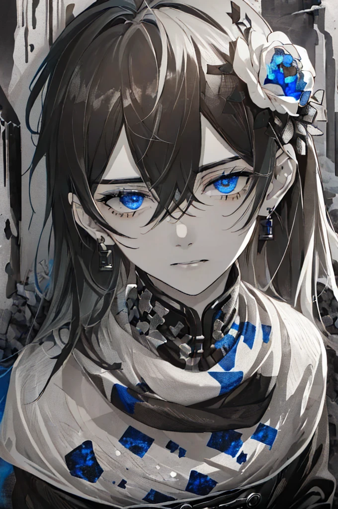 ((A ruined city full of rubble)),(After the war),((Vast landscape full of rubble)),(boy wearing tattered clothes),((Soot-stained hair mixed with silver and black)),(Lifeless eyes),((sit on the ground holding both knees)),((Look up as if glaring at me)),(deadpan),((Dark and cloudy lapis lazuli eyes)),((Monochrome world)),((black and gray and white and brown)),((close up of face))