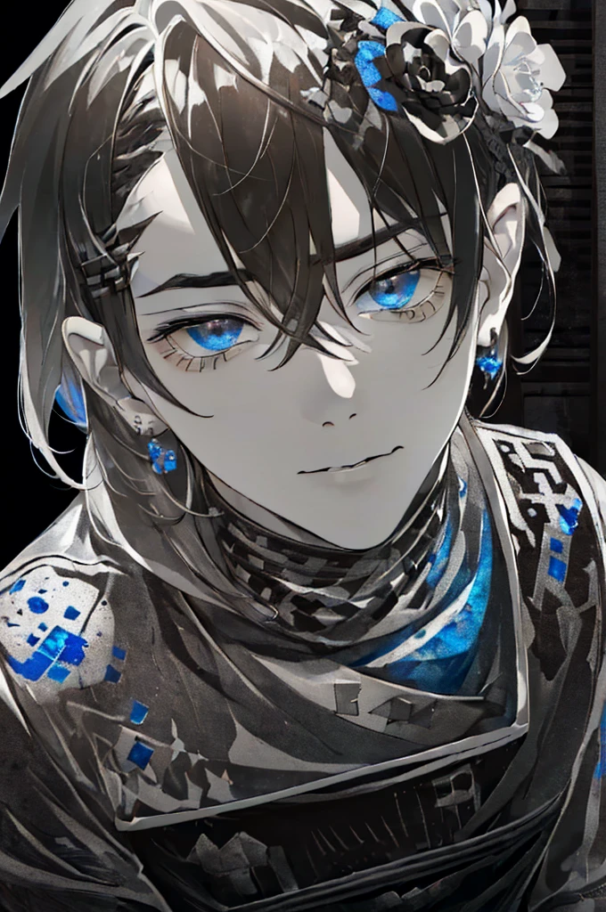((A ruined city full of rubble)),(After the war),((Vast landscape full of rubble)),(boy wearing tattered clothes),((Soot-stained hair mixed with silver and black)),(Lifeless eyes),((sit on the ground holding both knees)),((Look up as if glaring at me)),(deadpan),((Dark and cloudy lapis lazuli eyes)),((Monochrome world)),((black and gray and white and brown)),((close up of face))