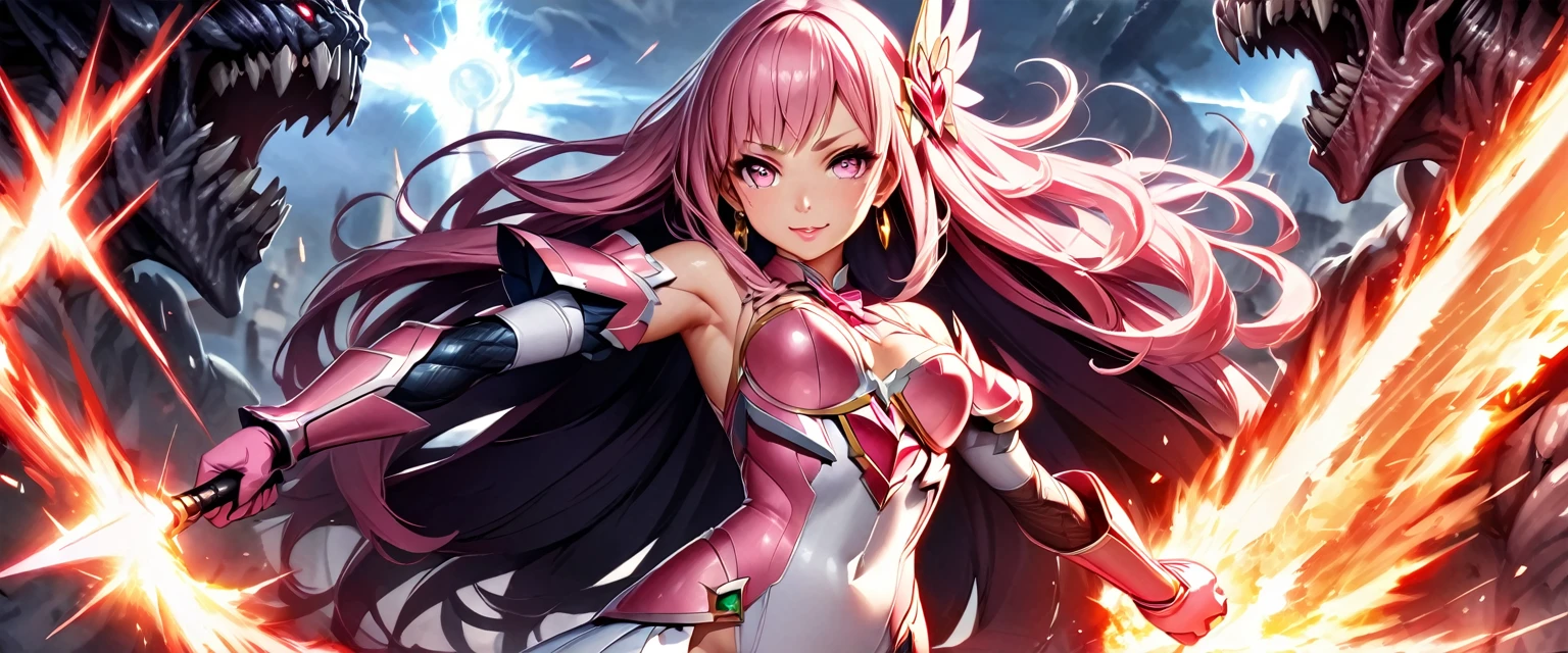 (Perfect Anatomy)、Mastepiece、Ultra High Quality、 8K、masterpiece、Highest quality、Ultra-high resolution、Maximum resolution、Very detailed、Professional Lighting、anime、woman、thin、so beautiful、Highly detailed eye、Highly detailed face、Golden earrings、Pink Hair,、Pink eyes、Mid-chest, pink lips, upper arm pink armor, white leotard, pink pattern, full body, magical girl, Angel Girl, pink thigh high stockings, white super long boots, pink gauntlet, high heels, hime cut, bridal hair accessory, glowing eyes, (Monsters attack:1.8), Attacking with fire magic, victory pose