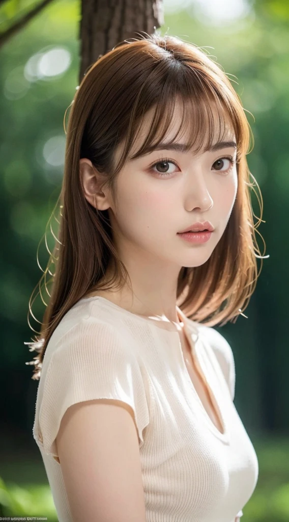 1womanl, up of face, mideum breasts, light brown hair, Blunt bangs, hair behind ear, hair over shoulder, Long hair, slender body shape, Ultra Fine Face, Thin face, Delicate lips, Beautiful eyes, thin blush, eyes are light brown, perfect glossy skin, flawless skin, Glistening sweat,View here, Ultra-thin hands, Ultra-fine fingers, best ratio four finger and one thumb, (realisitic:1.3), Finger Extensions, See-through white blouse. coniferous forest, One-person viewpoint, Fuji Film, F/1.2, 8K, masutepiece, nffsw, Super Detail, High quality, Best Quality, hight resolution,abdominals,six packs, Bigger chest, longer legs