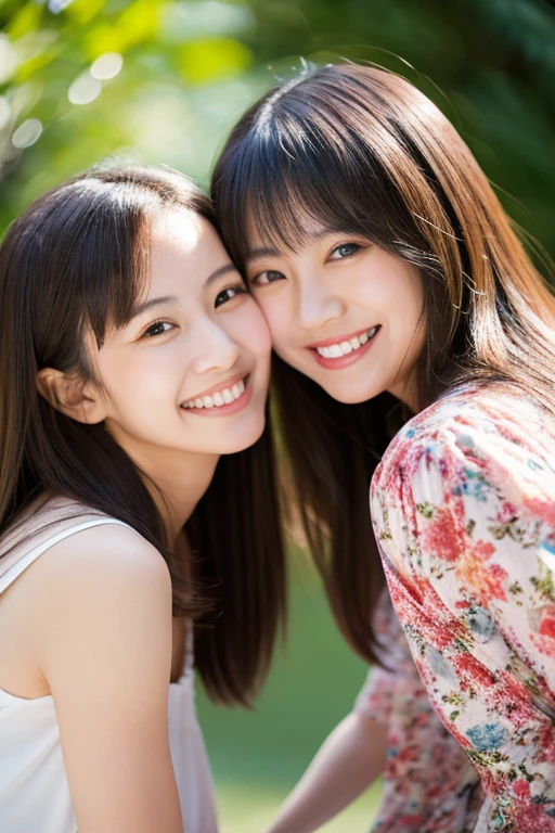 lens: 135mm f1.8,(Highest quality),(High resolution),(high resolution),(Beautiful Japanese mother and daughter), 40 year old mother and her 17 year old daughter、Smile and be there for them、Upper Body