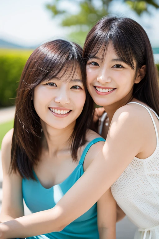 lens: 135mm f1.8,(Highest quality),(High resolution),(high resolution),(Beautiful Japanese mother and daughter), 40 year old mother and her  daughter、Smile and be there for them、Upper Body