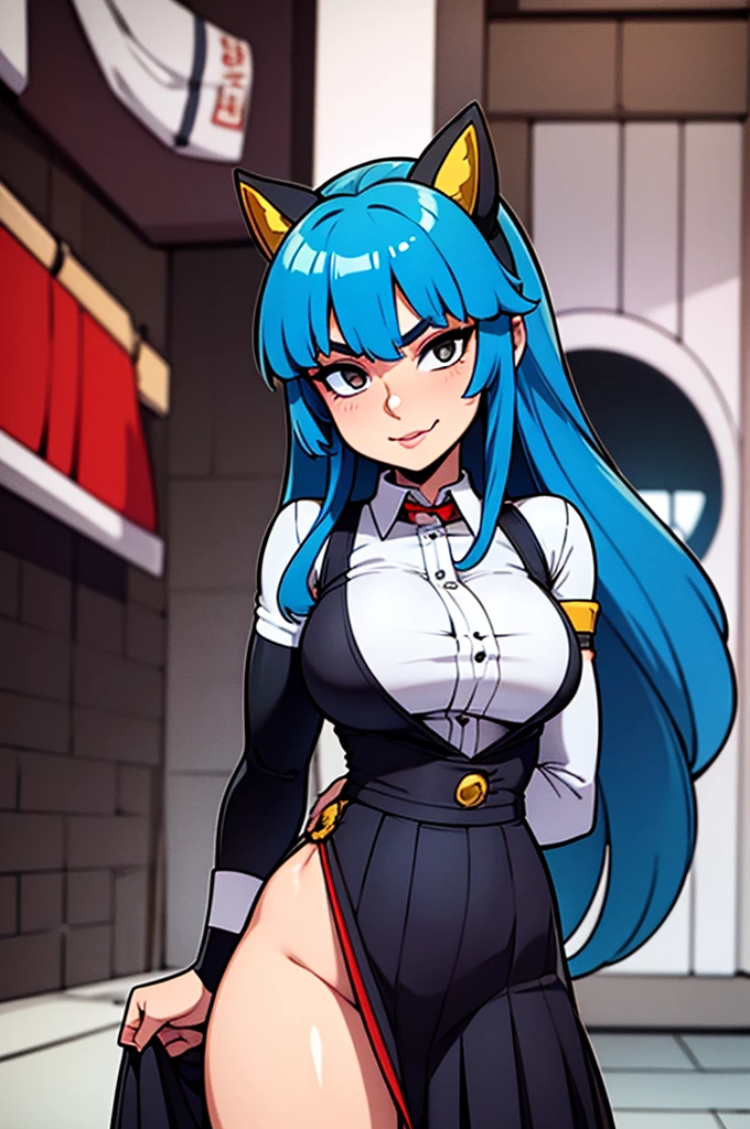 teenage cat girl with blue hair, with a battery as a weapon of war futuristic Aztec urban clothing in a futuristic Aztec city of the solar system planet x anime girl with long by white and ((Ultra quality)), ((Masterpiece)), Volume, negro & white style, Manga, ((wide negro)), (beautiful face), (beautiful female lips), (), charming, ((sexy facial expression)), looks at the camera with a slight smile, (White skin color), (White skin), glow on the body, ((detailed eyes)), ((Brown eyes)), (juicy female lips), (Dark eyeliner), (beautiful female hands), ((Ideal female figure)), ideal female body, Beautiful waist, beautiful hips, medium breasts, ((Subtle and beautiful)), A seductive posture (), (dressed in Japanese negro & white style) bottom: The Japanese school, corridor, ((depth of field)), ((high quality clear image)), (clear details), ((high detail)), realistically, Professional photo session, ((clear focus)) ((Masterpiece, Best Quality)), Insaneres, absurdities, Alone, outdoor, Clothes_black bible_school dress_propiowaifu, 1 girl, by rubio, wide, Blue eyes, black vest, Red skirt, White shirt, collar shirt, suspenders, , black thighs, The Great Passage, tie, Mangas largas, pleated skirt, red tie, (contrasted, hand on hip)Lens flare, depth of field, bokeh, embers, vanishing Point, looking at the viewer,Huge