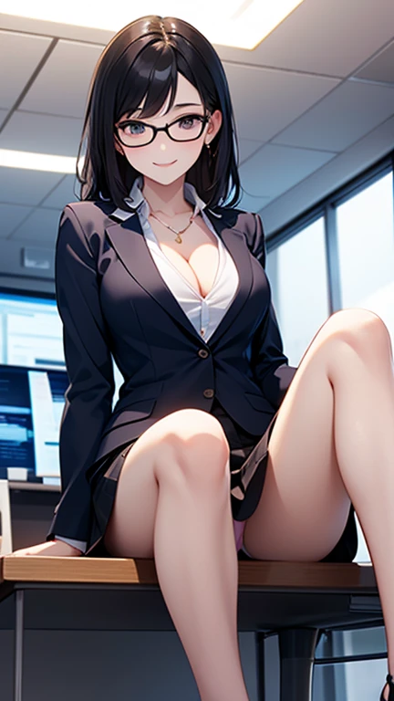 Browsing Caution, アニメ、Attractive office lady,28 years old,Black Hair,Medium Hair,Brown eyes,Highest quality、Unity 8k wallpaper、32k、masterpiece、Ultra-detailed、Ultra-high resolution、Natural Light、(Very detailed and complex)、Beautiful face and eyes in every detail、Sharp pupils、smile、High heels、Woman in skirt and shirt sitting on the desk, office服, on the desk, Sit at a desk, Sitting at a desk,Bent knees、Spread your legs、Spread your legs、Panty shot、 Business casual attire, Sexy、Business Attire,office, At work, Wearing glasses, Fully clothed, business attire, Embarrassing, smile、business suit、Cleavage、Sexy,Angle from below,