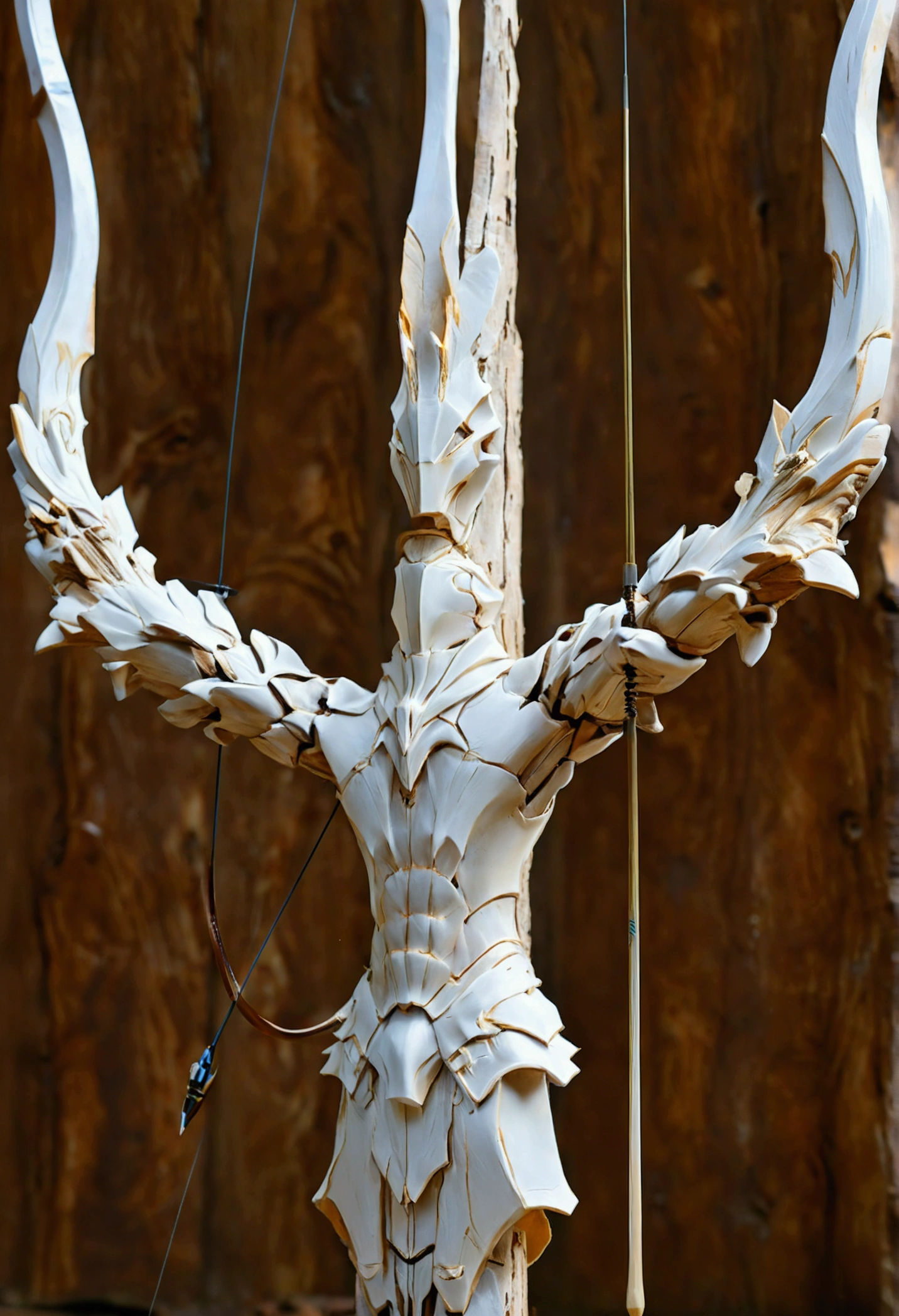 a White Bow is made from a white wood . He is light, flexible and shines softly, increasing the accuracy and range of shots. with an Arrow on a brown background