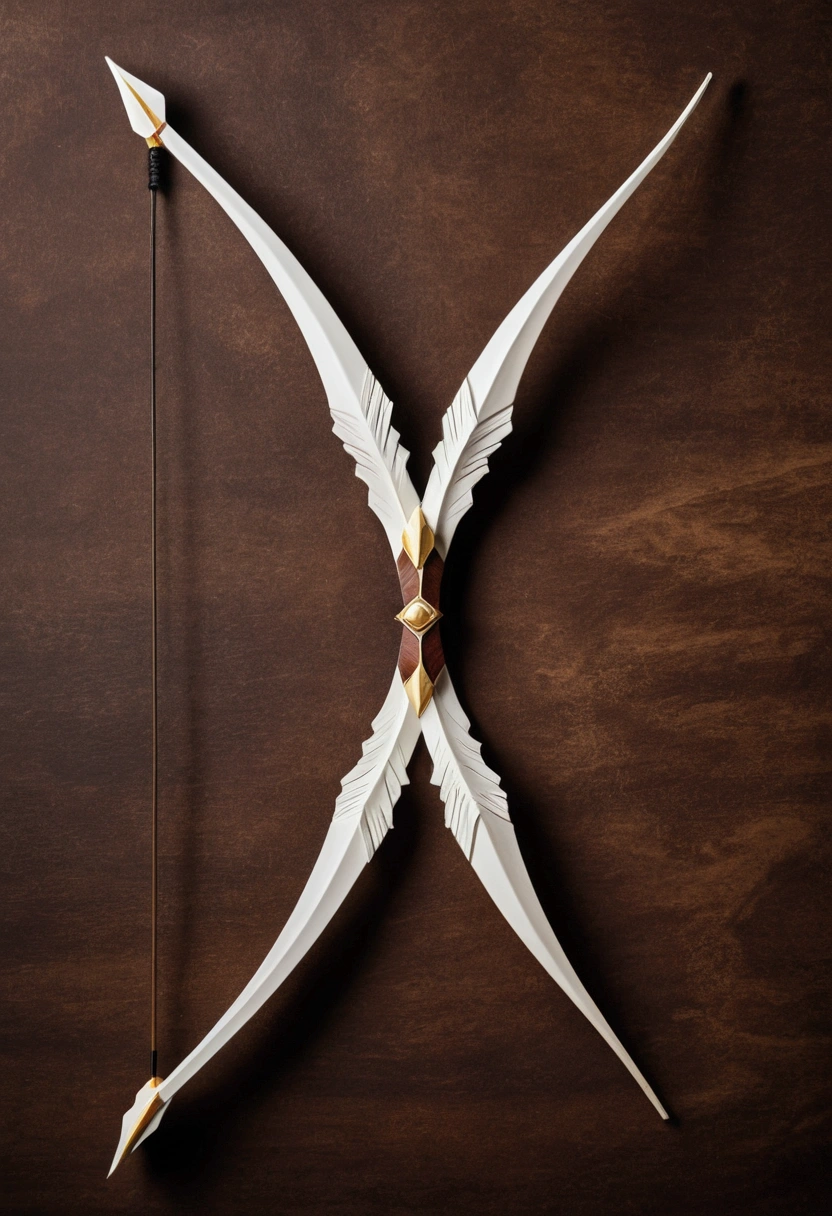 a White Bow is made from a white wood . He is light, flexible and shines softly, increasing the accuracy and range of shots. with an Arrow on a brown background