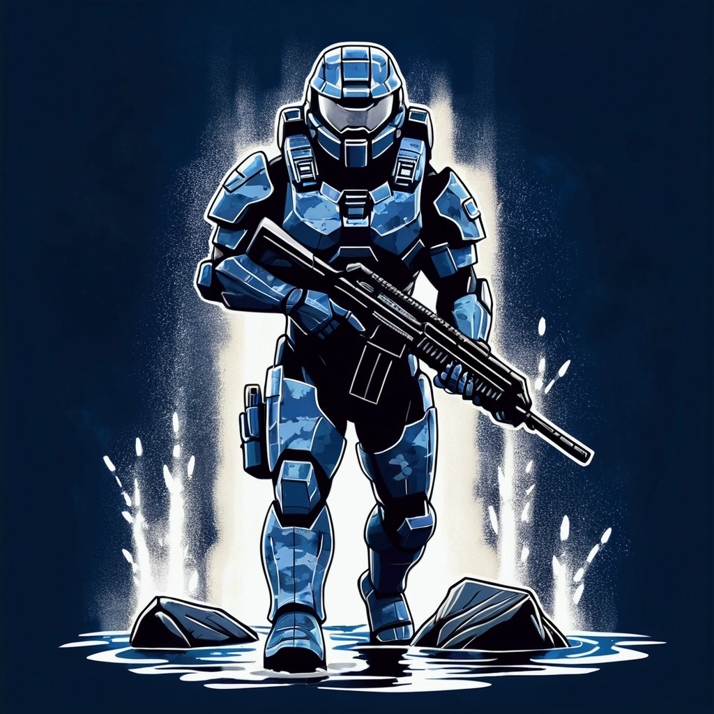 A lonely Spartan, dressed in blue camouflage armor, walks through an aquatic landscape, your rifle ready. Your visor reflects strong light, its determined expression. He is a lone warrior, a symbol of hope in a desperate battle.

[digitl art, stylized, reminiscent of the promotional art for Halo 3, with a touch of Frank Frazetta&#39;s dynamic poses], [Dynamic perspective, wide angle lens, Dramatic floodlight effect lighting on Spartan, dark blue and white color palette, subtle midtone texture, water with ripples and splashes, dark blue background]