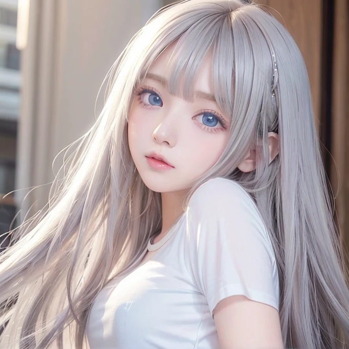 silver shiny hair、Super long straight silky hair、Dazzling blonde super long silky hair、16 years old cute little beautiful face、A beautiful girl、Sparkling blonde dancing in front of a pretty face、Long, silky bangs that cover the space between the eyes、Very beautiful, bright, large, light blue eyes、Very big eyes、Hair that hides the face、Sexy pretty young woman with super long bangs、Very white skin、Cheek gloss highlighter、Small Face Beauty、Round face、Cute Shirts、Ample Bust, embarrassed face、Skinny jeans and t-shirt、
