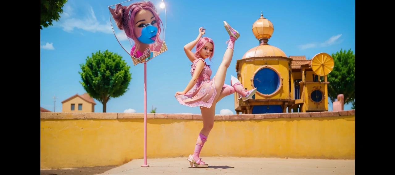 a beautiful girl with pink hair, stephanie from lazytown, detailed facial features, cute expression, long eyelashes, rosy cheeks, pink dress, vibrant colors, whimsical, soft lighting, highly detailed, 8k, photorealistic, intricate details, vibrant colors, studio lighting, professional digital art