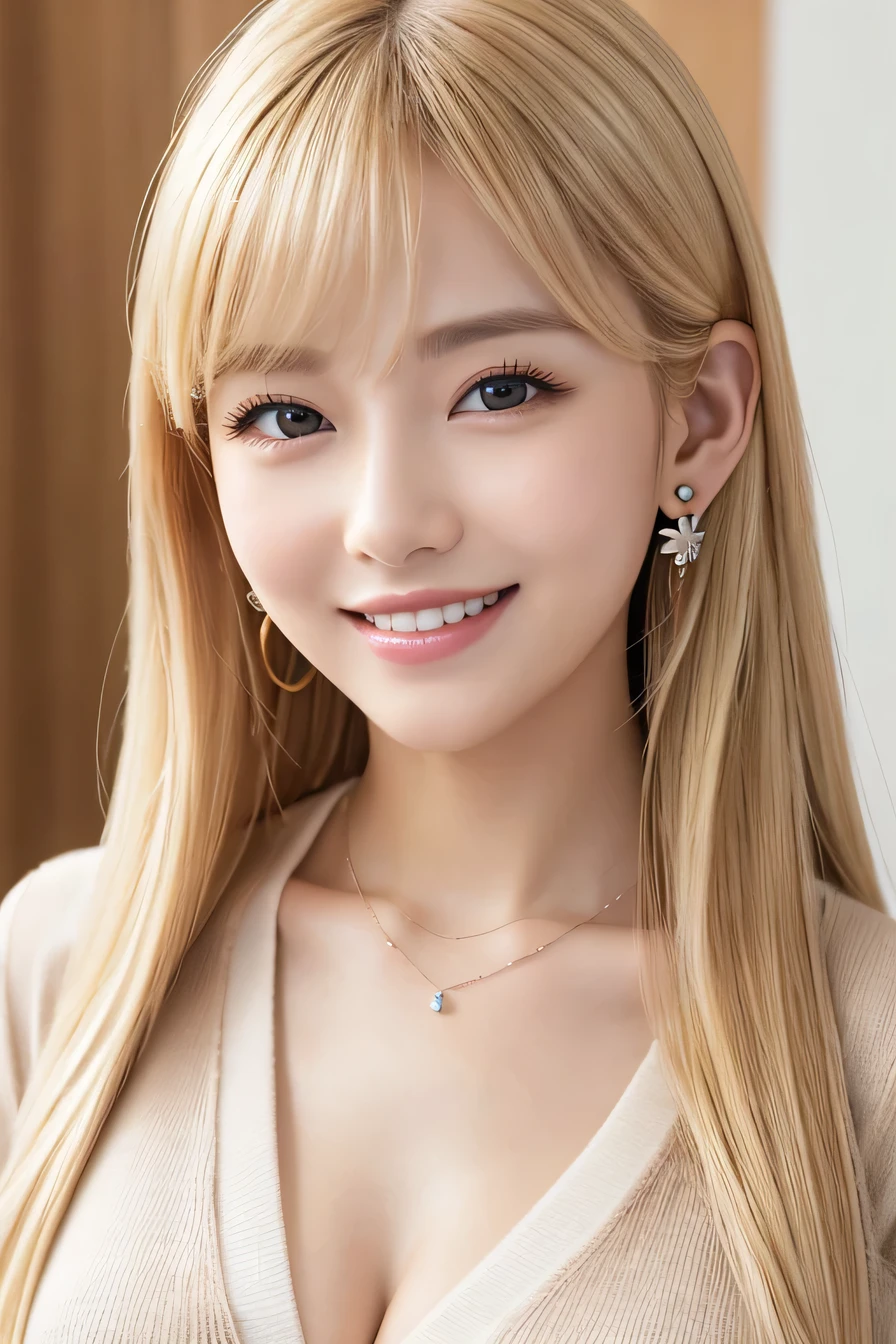 blonde、Clear Beauty、hairstyle semi long、ear piercing、Slanted Eyes、Necklace around the neck、Put a cardigan over your shoulders、blouse、smile、Beautiful teeth alignment、Intricate details, Very detailed:1.2), 、 Looking into the camera、The background is the office