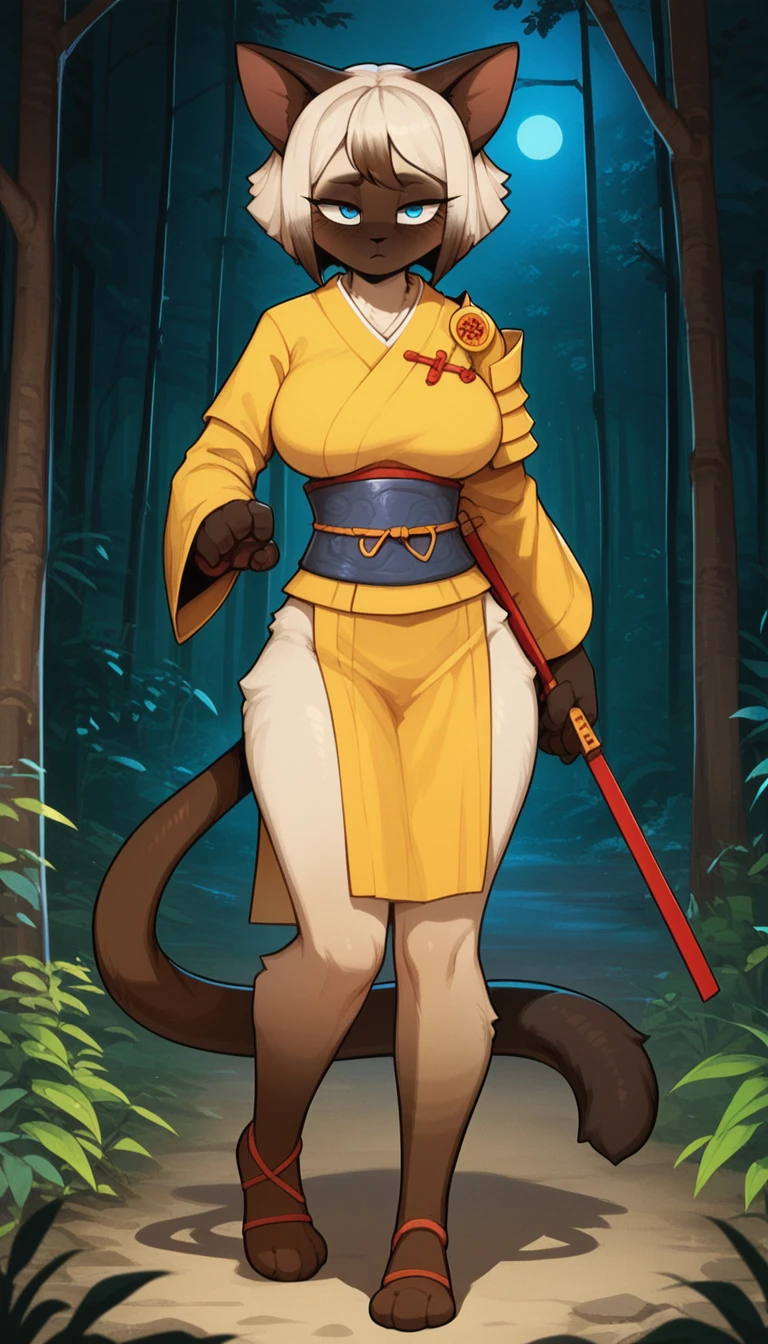 Half-closed eyes, tired expression, 1girl, anthro, furry, fur, fluffy fur, siamese cat, cat girl, japanese forest background, white hair (brown highlights), blue eyes, short hair, full body, (19 years), big breast, thicc thighs, solo, (japanese forest), half-closed eyes, detailed, shy, night, (yellow samurai armor), (holding a pair of katanas on both hands), looking at the viewer, dynamic pose, score_9, score_8_up, score_7_up, score_6_up, score_5_up, score_4_up