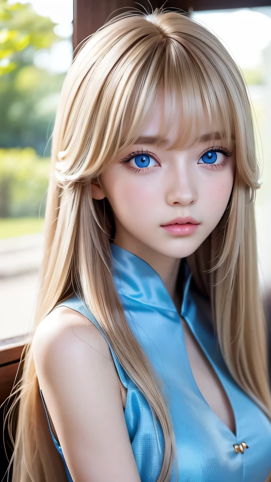 Very beautiful face、A beautiful girl、Super Long Hair、windy silky blonde super long hair、Swinging bangs、Cute sexy  blonde girl with light blue eyes、Hair above the eyes、片Hair above the eyes、Hair between the eyes、Big bright light blue eyes that shine so beautifully、eyeliner、Bright expression、