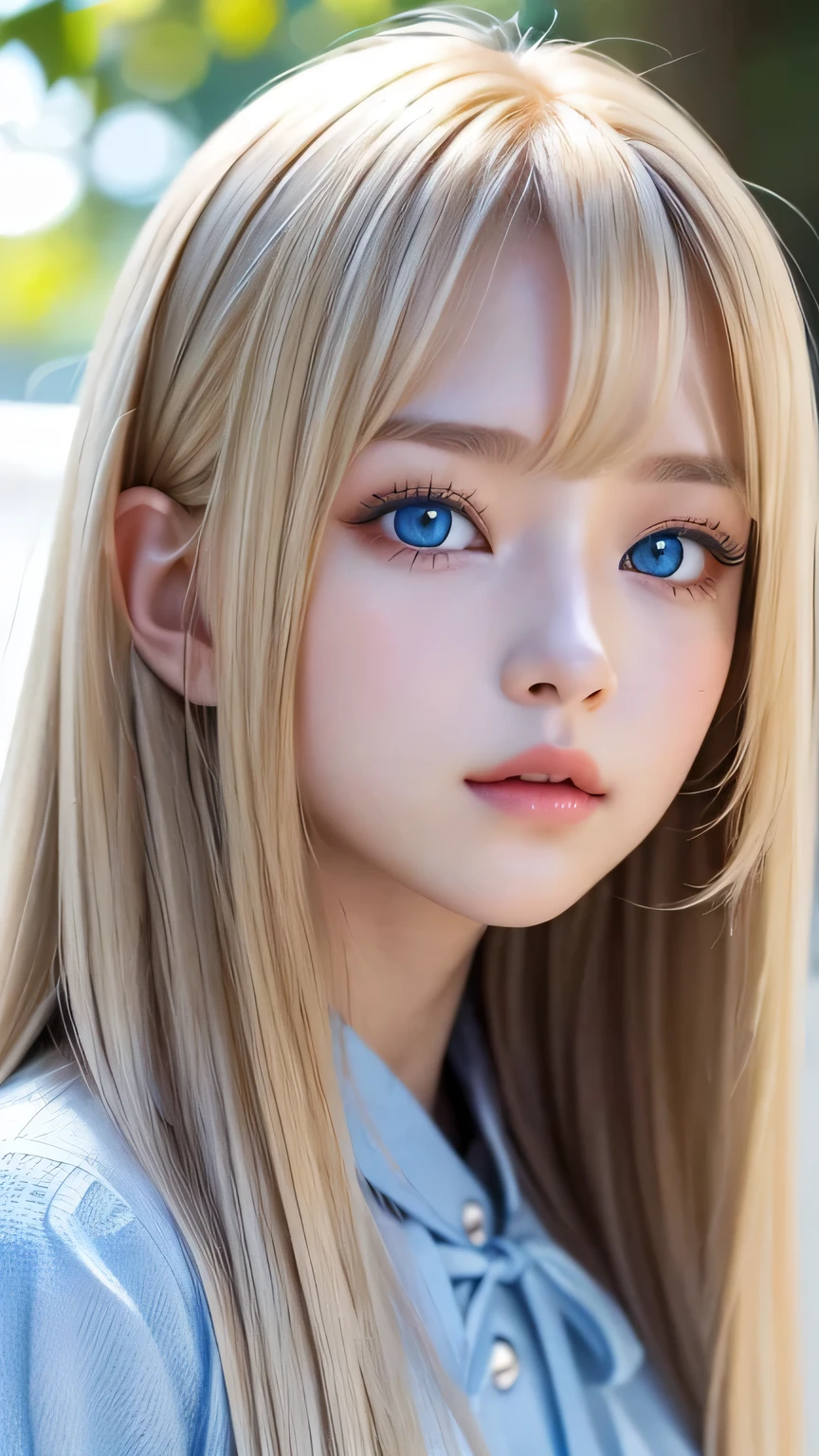Very beautiful face、A beautiful girl、Super Long Hair、windy silky blonde super long hair、Swinging bangs、Cute sexy 16 year old blonde girl with light blue eyes、Hair above the eyes、片Hair above the eyes、Hair between the eyes、Big bright light blue eyes that shine so beautifully、eyeliner、Bright expression、