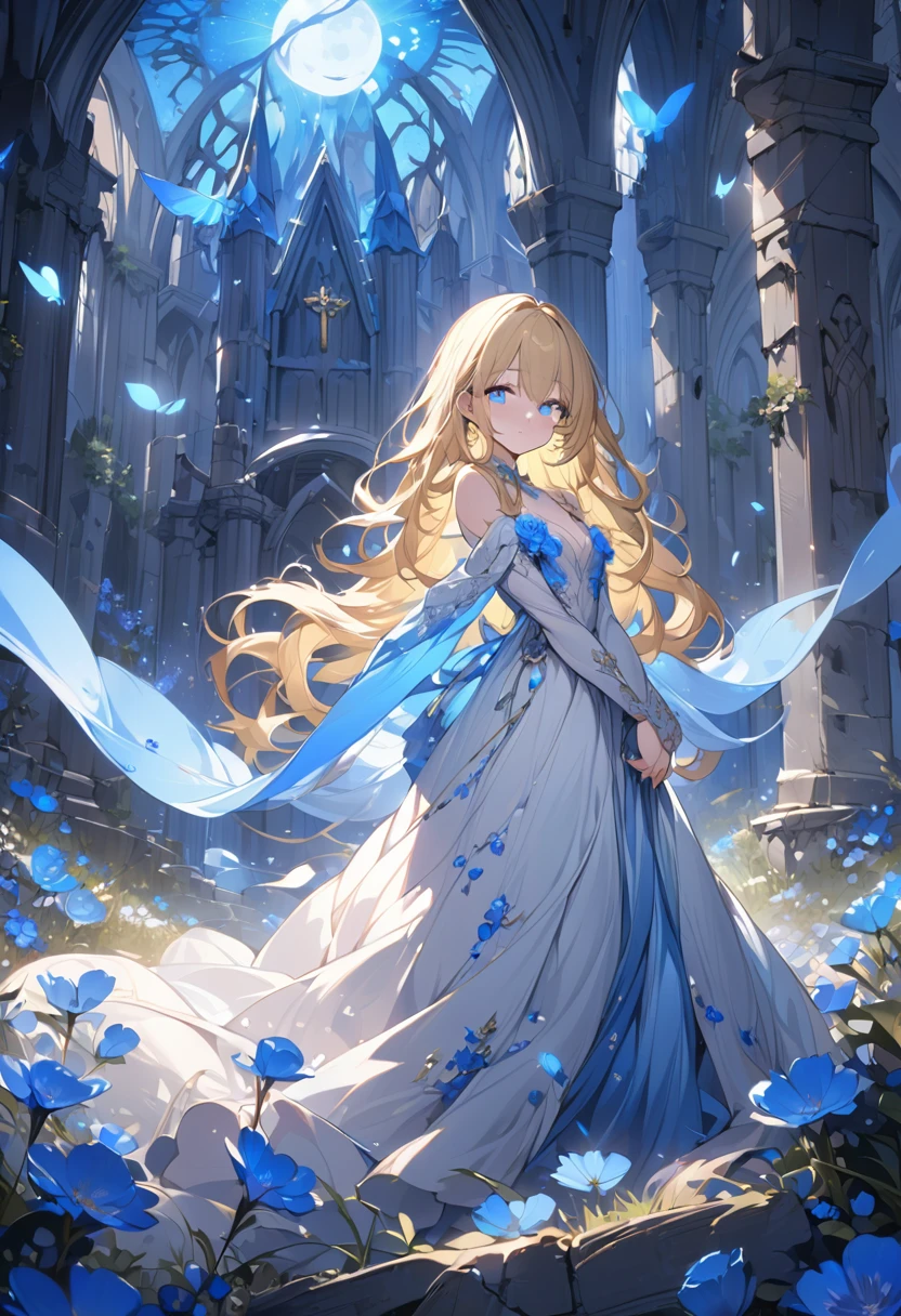 ((Masterpiece)), (Best quality), (Solo), High-resolution, Extremely detailed CG wallpaper, showcasing an exhilarating scene with a beautiful girl in the foreground, ((long flowing golden hair)), dressed in a stunning gown that shimmers under the moonlight. Surrounding her is a meadow of blue glowing flowers, where ancient ((church)) ruins and medieval tombstones add an air of ((sacredness)). The girl's ((cute)) and ((detailed)) face, with ((blue glowing eyes)) and delicate features, captures the viewer's attention. The intricately detailed light, emanating from the moon and heavy