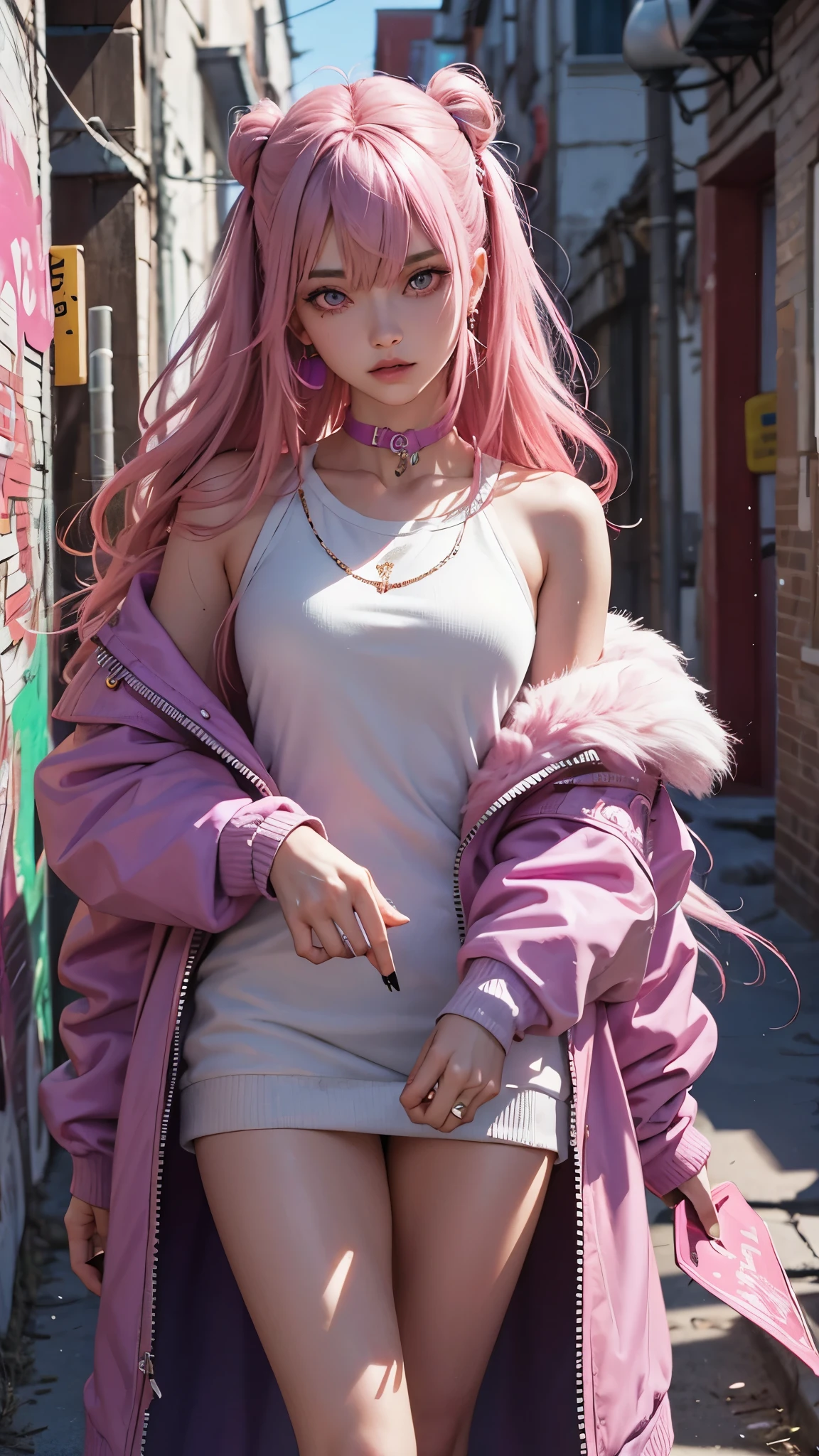 1girl,solo,intricate details,chromatic aberration,realistic,long hair,pink hair,red head ornament,pink highlights,hair over one eye,purple eyes,earrings,sharp eyes,choker,neon shirt,torn legwear,open jacket,turtleneck sweater,night,against wall,brick wall,graffiti,dim lighting,alley,looking at viewer,