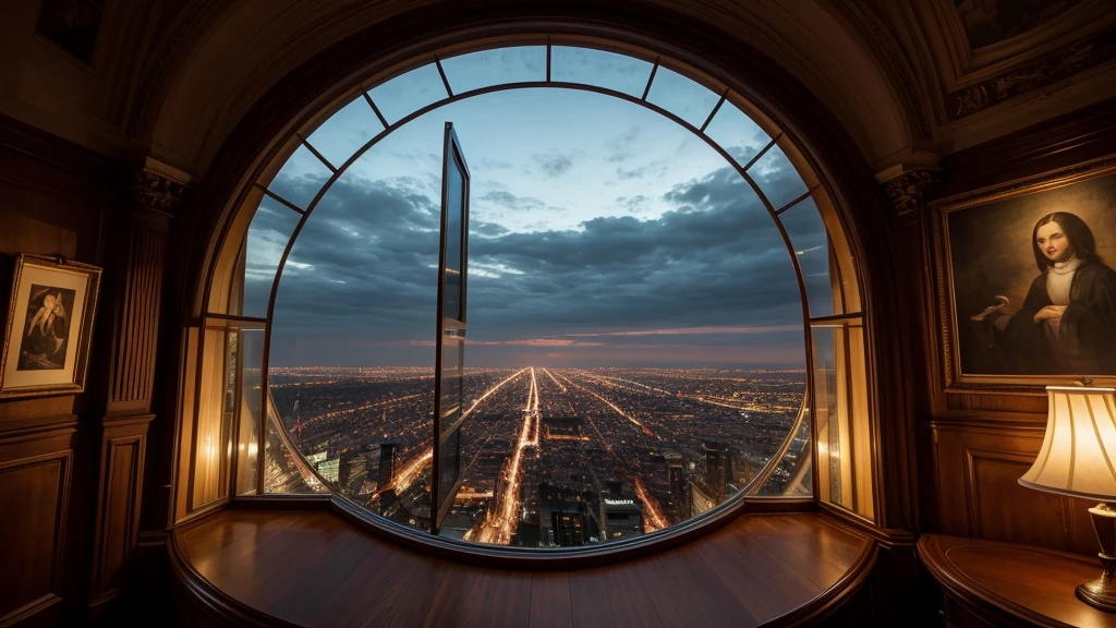 art ery, gothic horror, dark, a full window that sees the modern city below, in a skyscaper, best quality