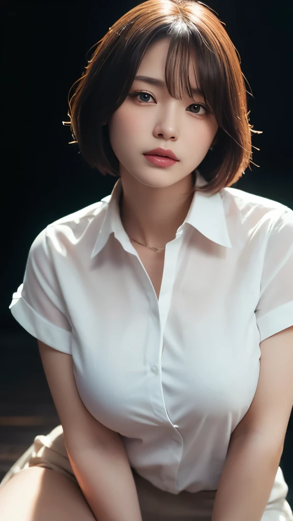 8K,Highest quality,(masterpiece:1.2),(Realistic),(Realistic:1.37),Ultra-high resolution,One Woman,smile,((Big Breasts)),Beautiful Eyes,(((White shirt))),Perfect body,Perfect Fingers,Professional Lighting,gravure,Detailed face and skin texture,Fine grain,RAW Photos