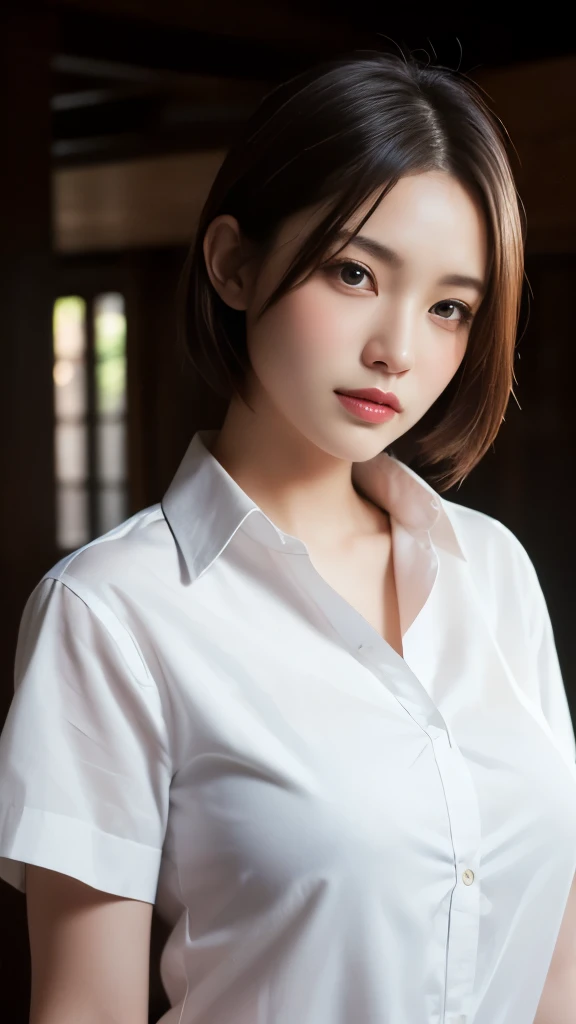 8K,Highest quality,(masterpiece:1.2),(Realistic),(Realistic:1.37),Ultra-high resolution,One Woman,smile,((Big Breasts)),Beautiful Eyes,(((White shirt))),Perfect body,Perfect Fingers,Professional Lighting,gravure,Detailed face and skin texture,Fine grain,RAW Photos