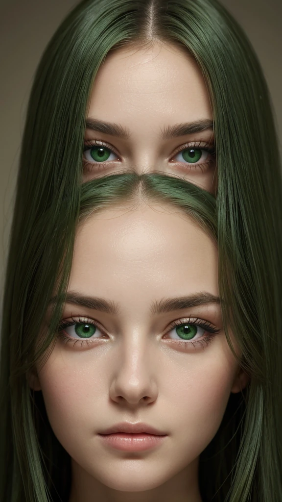 portrait, a European woman, highly detailed facial features, Captivating eyes, oval face, her hair is entirely green, Her face is very charming, wistful charm, flawless complexion