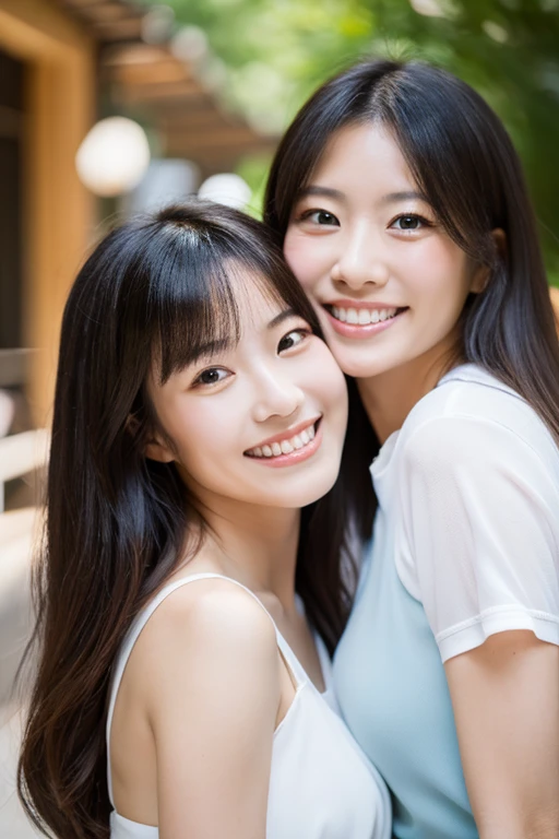 lens: 135mm f1.8,(Highest quality),(High resolution),(high resolution),(Beautiful Japanese mother and daughter),A 40-year-old mother with long hair and her 17-year-old daughter with short hair、Smile and be there for them、Upper Body