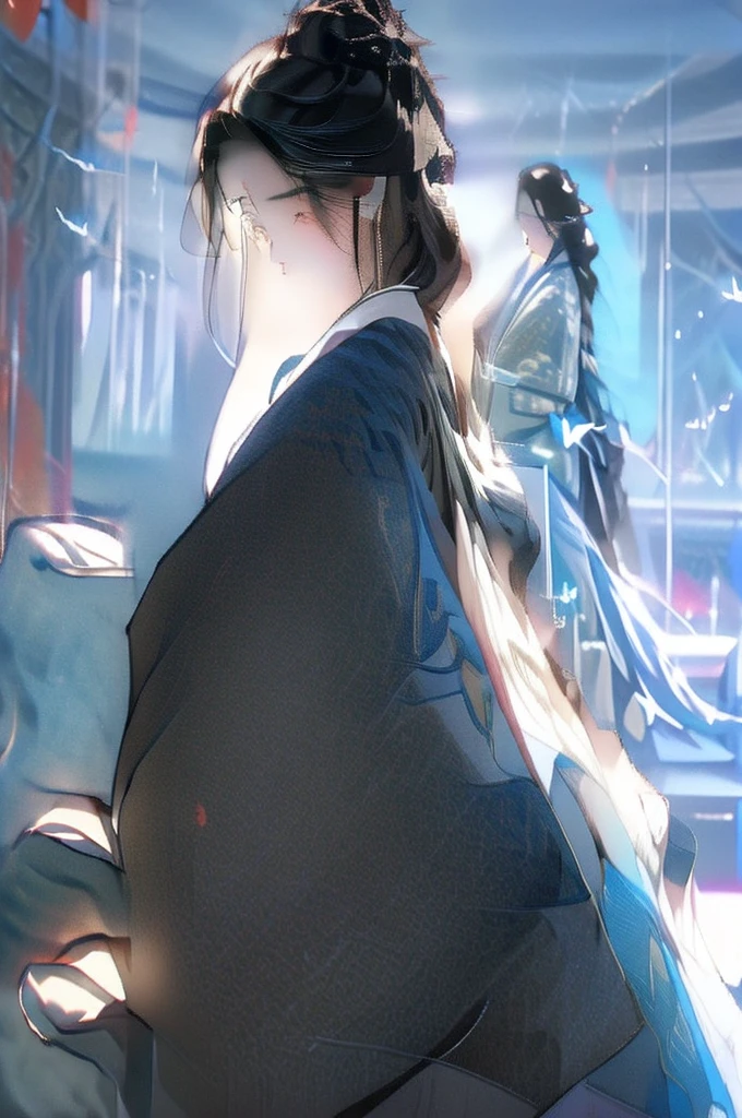 Black Hair, Immortal Cultivation, Royal sister, White Robe, hime cut, hair scrunchie, Romanticism, Gothic art, ray tracing, cinematic lighting, first-person view, Sony FE GM, tachi-e, perspective, high detail, Constructivism, drop shadow, anatomically correct, masterpiece