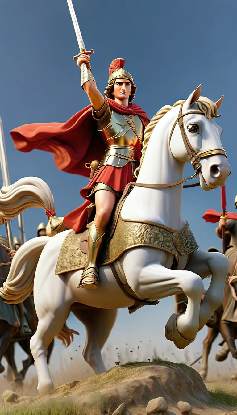 Alexander the Great carrying sword & riding a horse in front of his soldiers in battlefield, full body pose