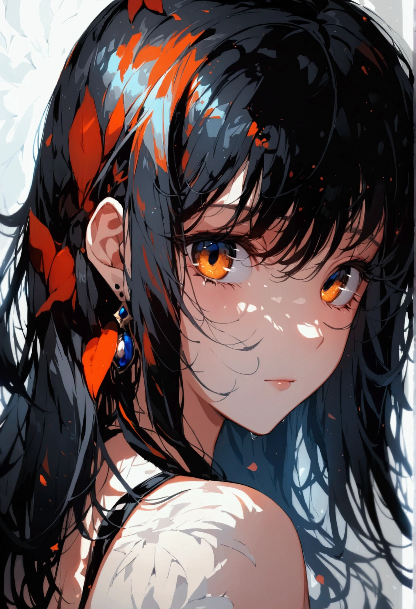 masterpiece, best quality, ultra-detailed, best shadow, beautiful detailed face, beautiful detailed eyes, High contrast,, 1girl, , (flat chest), bangs, hair over one eye, black bare shoulders,, white background:1.3, (face focus:1.3, eye close-up:1.3), ((from behind:1.3)), ass,