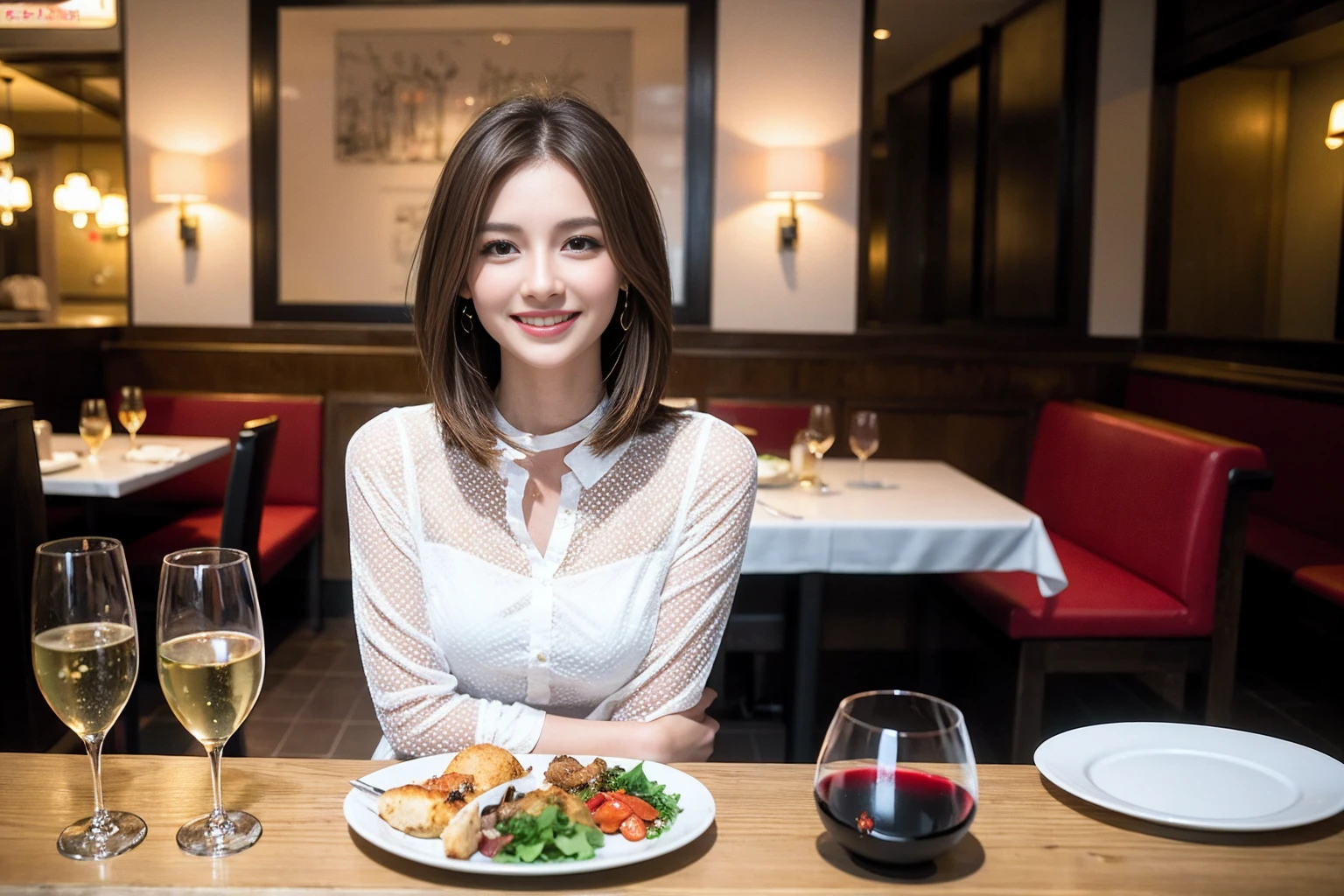 ((Highest quality、8K、masterpiece:1.3))、cute、slimカップル、modelカップル、actress男優、(Realistic, Intricate details:1.2), full-course dinner、Wine Party、Amazing view of the sunset sky and clouds、A bright smile、short hair,Bright Face、 (Age 45), 42 years old, red wine 、Appetizers、Italian food、Wine bottle、Champagne、sparkling wine、Two beauties、Brown Hair、Shortcuts、Long sleeve shirt、dress、Beautiful woman 1, (slimな顔), (The body is slim), (Brown Hair), (Shortcuts), cheeks turn a little red,Attractive beauty、restaurant, In a prominent place (From the waist up) Nova Frog Style, actress, model, Upper Body, White wine, slim, wine glass, 中央に置かれたwine glass, smile, (smile: 1.15), Beautiful fine grain, Depth f/2,saturation, High Contrast, Strong light and shadow,Moist Body:1.5、3D texture、Delicate eyes、Brown Hair、The hair is very shiny、