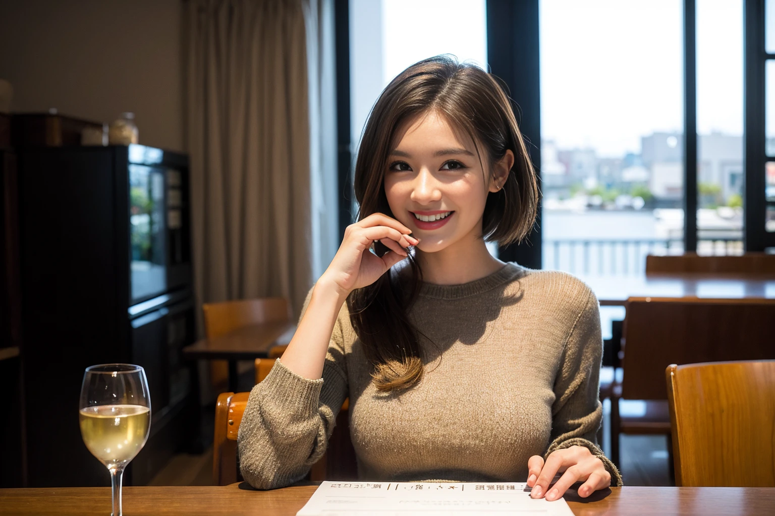 ((Highest quality、8K、masterpiece:1.3))、cute、slimカップル、modelカップル、actress男優、(Realistic, Intricate details:1.2), full-course dinner、Wine Party、Amazing view of the sunset sky and clouds、A bright smile、short hair,Bright Face、 (Age 45), 42 years old, red wine 、Appetizers、Italian food、Wine bottle、Champagne、sparkling wine、Two beauties、Brown Hair、Shortcuts、Long sleeve shirt、dress、Beautiful woman 1, (slimな顔), (The body is slim), (Brown Hair), (Shortcuts), cheeks turn a little red,Attractive beauty、restaurant, In a prominent place (From the waist up) Nova Frog Style, actress, model, Upper Body, White wine, slim, wine glass, 中央に置かれたwine glass, smile, (smile: 1.15), Beautiful fine grain, Depth f/2,saturation, High Contrast, Strong light and shadow,Moist Body:1.5、3D texture、Delicate eyes、Brown Hair、The hair is very shiny、