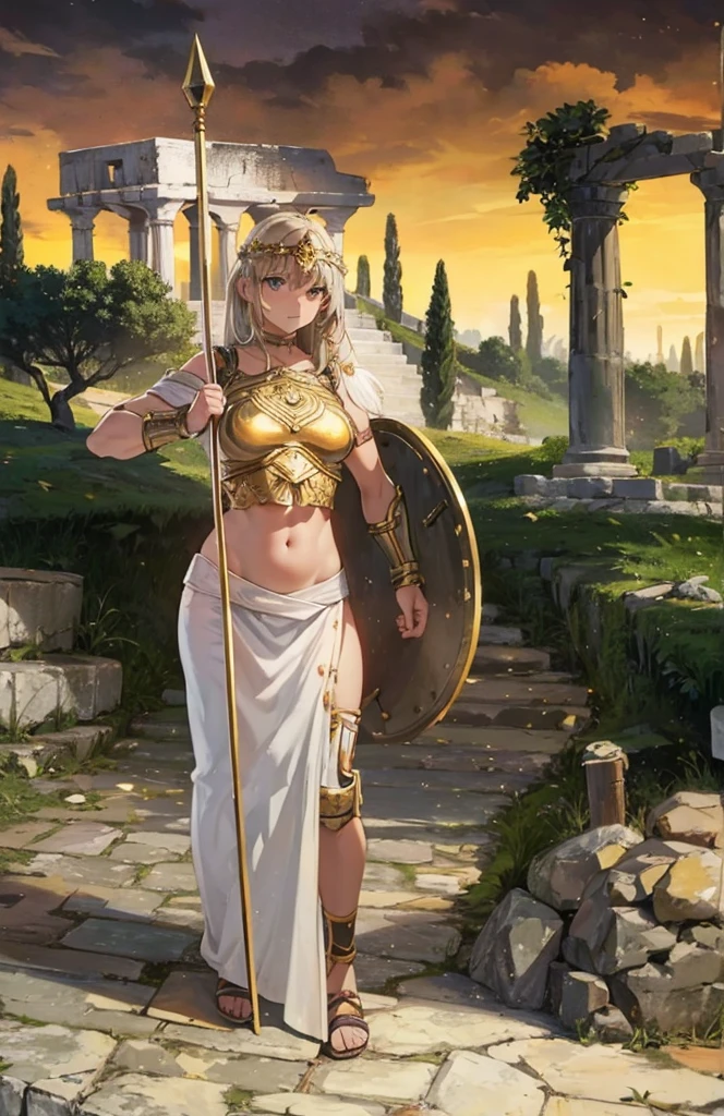 greek warriors womans in togas , only girls , forest in the background , light armor , elbow pads, knee pads, shoulder pads, black armor , sandals , sexy, exposed belly, muscular girl, defined abdomen,stomach, multiple girls, looking at viewer , long hair, bare shoulders, outdoors, sandals