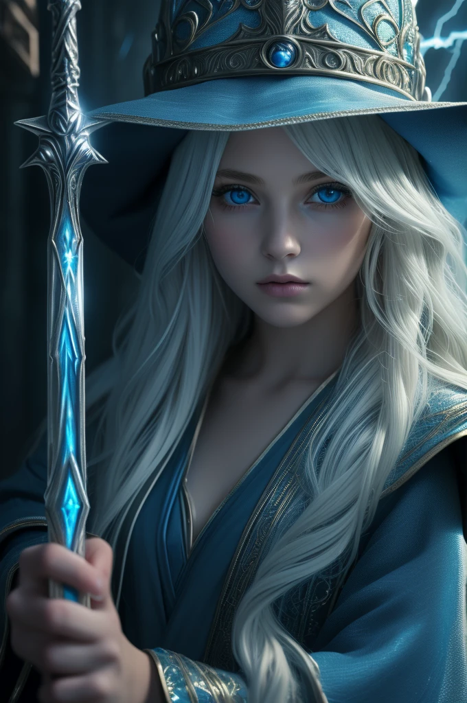 16 year old female elf mage, ((ultra-detailed face)), ultra detailed blue eyes, long platinum blonde wavy messy hair, (wizard hat, wizard robes, staff, lightning), (((masterpiece)))