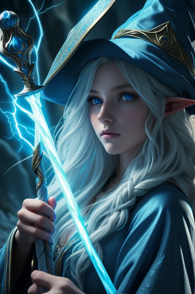 16 year old female elf mage, ((ultra-detailed face)), ultra detailed blue eyes, long platinum blonde wavy messy hair, (wizard hat, wizard robes, staff, lightning), (((masterpiece)))