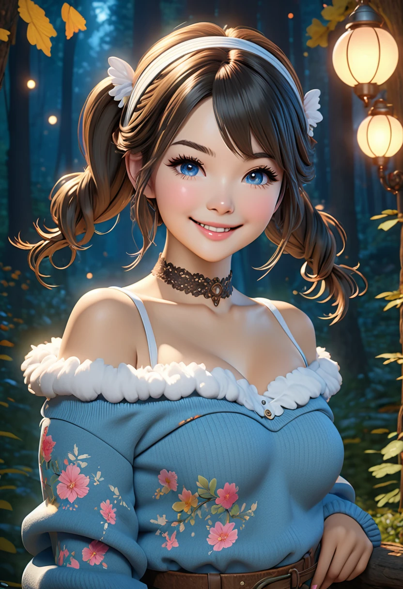 masterpiece, best quality, highly detailed, 1girl, solo, twintails, off-shoulder sweater, choker, jacket, hairband, looking at viewer, smile, blush, Wide Smile, Eyes Detailed & Wide, y Pose. Ultra HD, Rococo-Inspired Fantasy Art With Intricate Details. Cute, Charming Expression, Alluring-Gaze, looking at viewer Beautiful Eyes, An-Ideal-Figure. Large Youthful Well-Shaped-Breassive-Round-Bosom, Décage. slim waist, fit body, full lipsWarm lights , woman in a dreamy forest at night, with fluffy hair, delicate face, realistic, real, slim, large aperture, sexy shots, atttive poses,Stunnin gly beautiful merge of Miranda Cosgrove. symmetrical face, photorealistic, photography, path tracing, specular lighting, volumetric face light, path traced hairmaximum quality{(masutepiece) (8K High Resolution) (top-quality) In the style of breath of the wild.